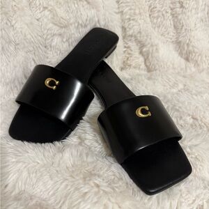 Coach Black Leather Slide Sandals Gold C Logo